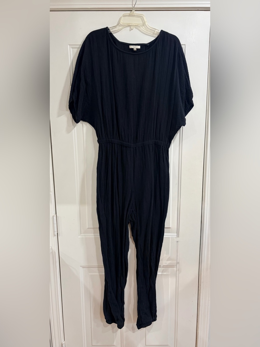 Z Supply Black Textured Cotton Short-Sleeve Jumpsuit